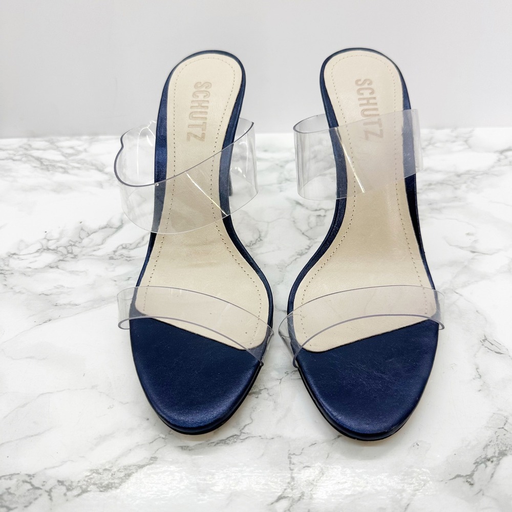 Schutz Ariella Mule Women 7B Navy Blue Clear Double Strap Stiletto Heel Party - Picture 2 of 6